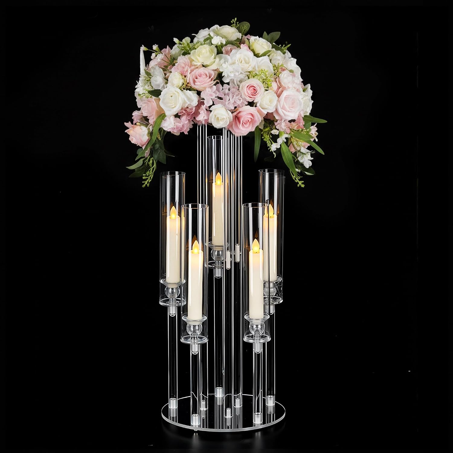 Centerpiece Vase Tall - Clear 5-Arm Acrylic Candelabra with Flower