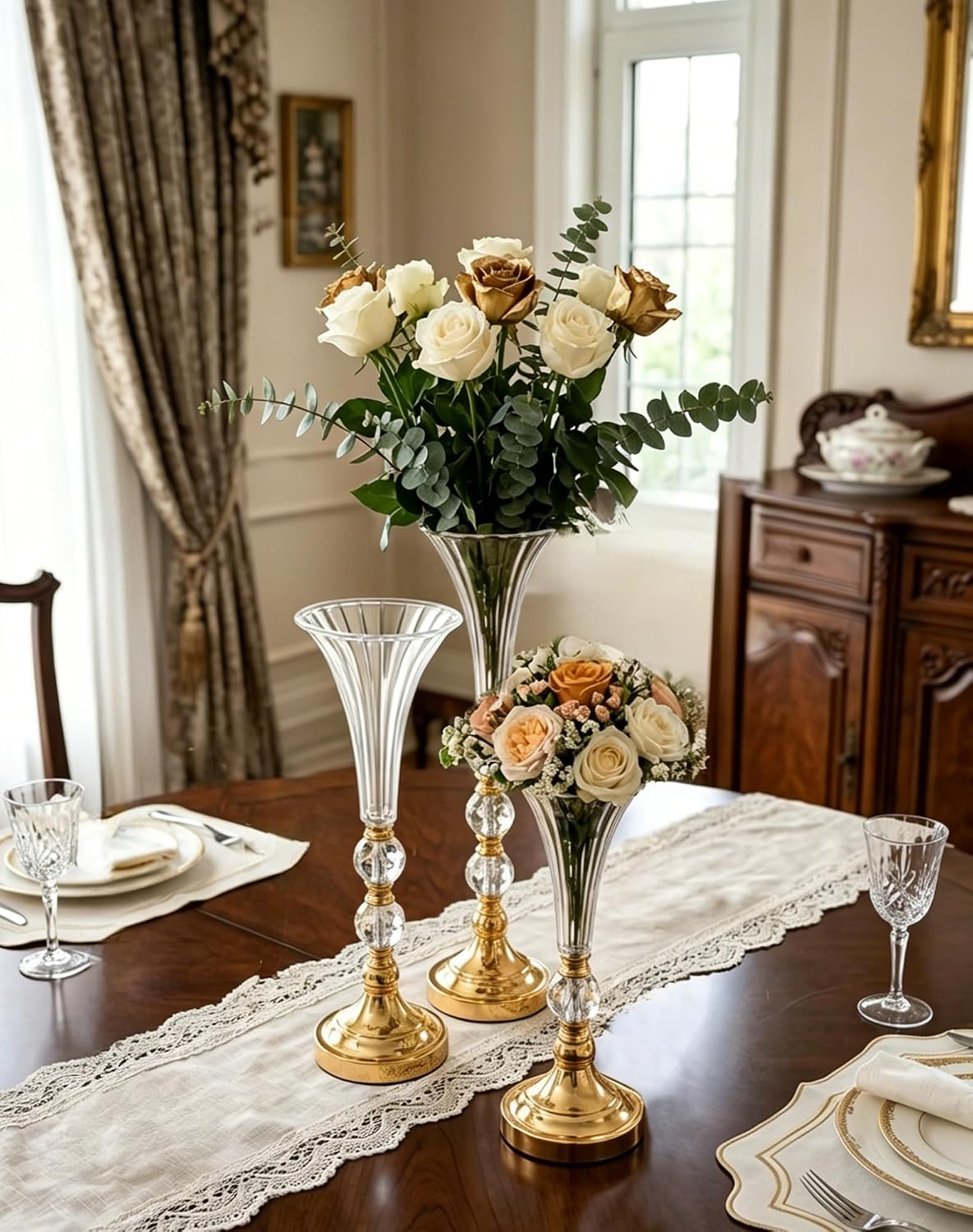 Centerpiece Vase Tall - Set of 3 Gold Acrylic Trumpet