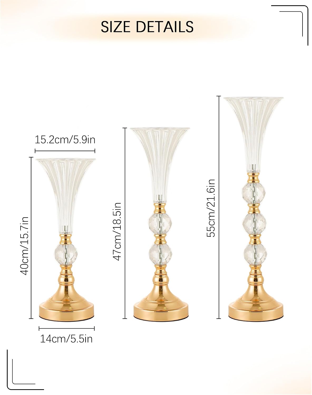Set of 3 Gold Acrylic Trumpet  - Centerpiece Vase Tall recension och pris